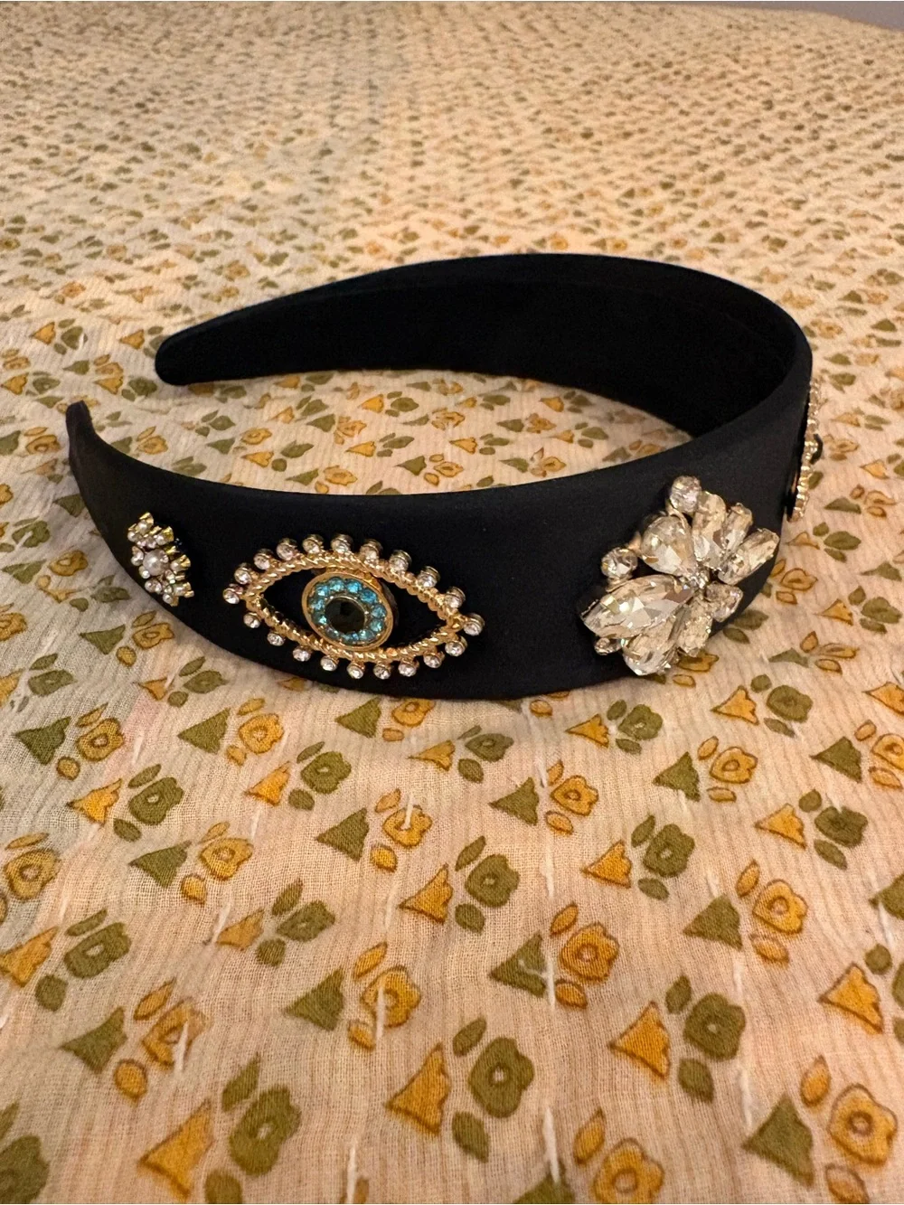 NWOT Boutique Embellished Black Satin Headband with Crystal Evil Eye Accent